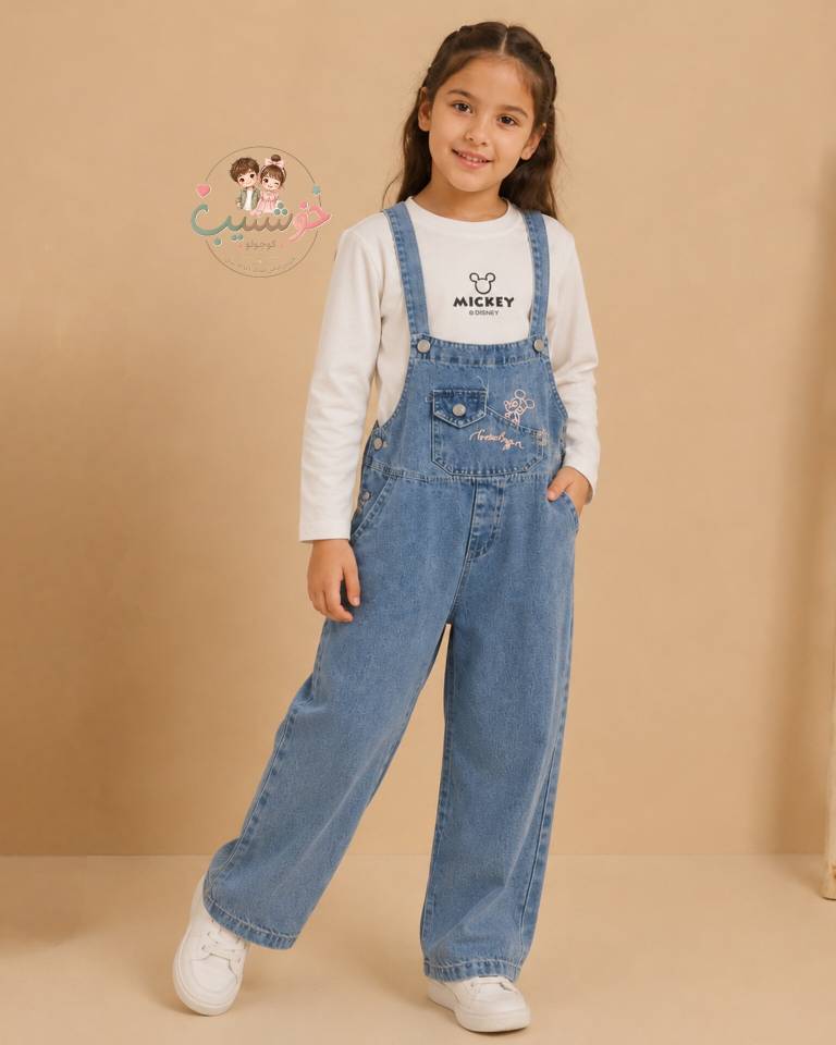 بیلر جین مام استایل با بلوز دورس پنبه‌ای | سایز 130 تا 160  | Mom Fit Overall