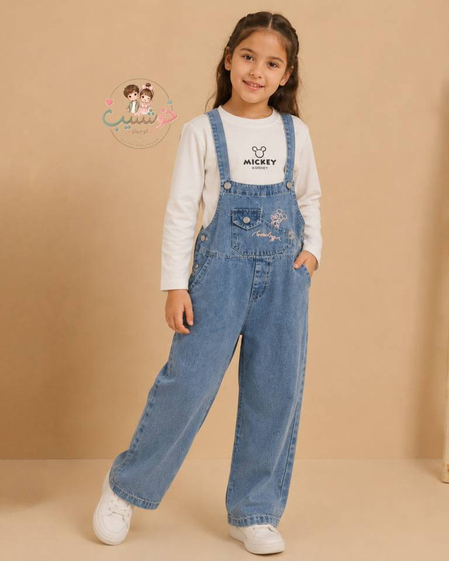 بیلر جین مام استایل با بلوز دورس پنبهای | سایز 130 تا 160 | Mom Fit Overall
